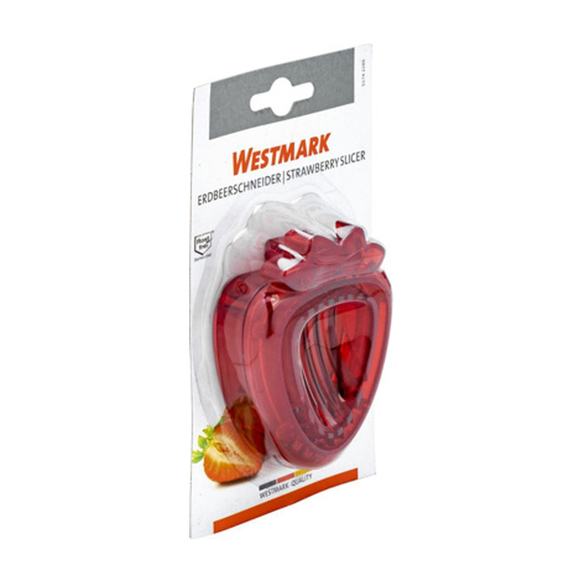 Westmark Aardbeiensnijder, rood, verpakkingskaart 'Erdbeerschneider Strawberryslicer' met doorgesneden aardbei