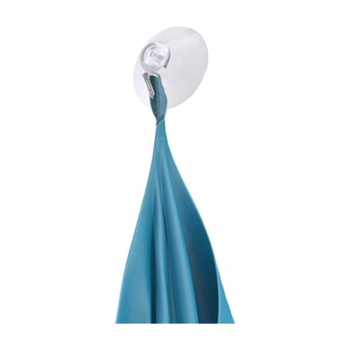 Westmark Zuighaken, transparant, close-up van de doorzichtige zuignap met metalen S-haakje en blauwe theedoek