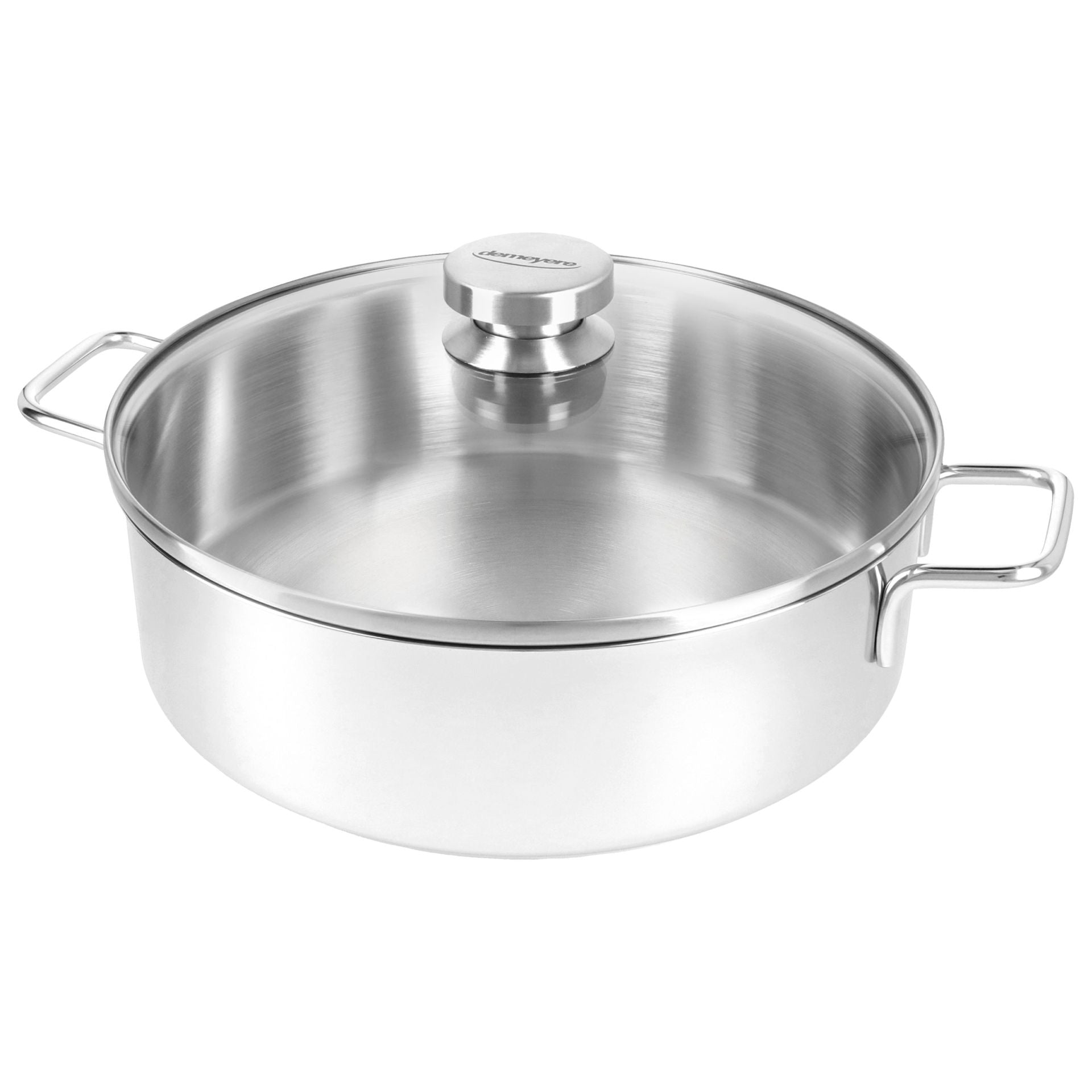 Demeyere Apollo 7 Kookpan met Glazen Deksel 24 cm, gesloten, schuin aanzicht op witte achtergrond