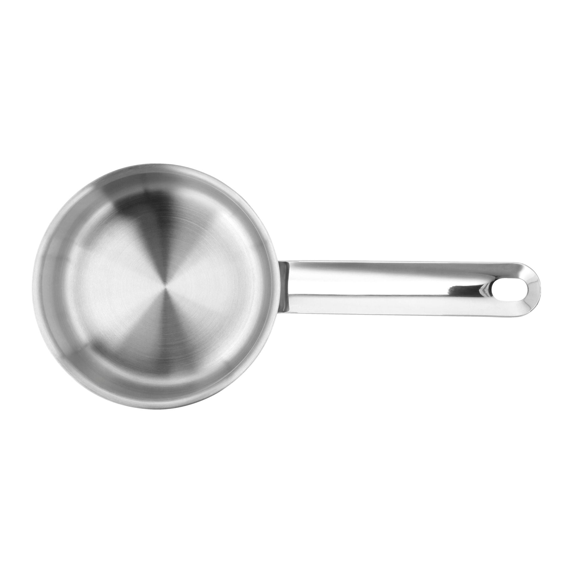 Demeyere Specialities 3 Sauspan 12 cm van roestvrij staal met lange steel, zijaanzicht op witte achtergrond