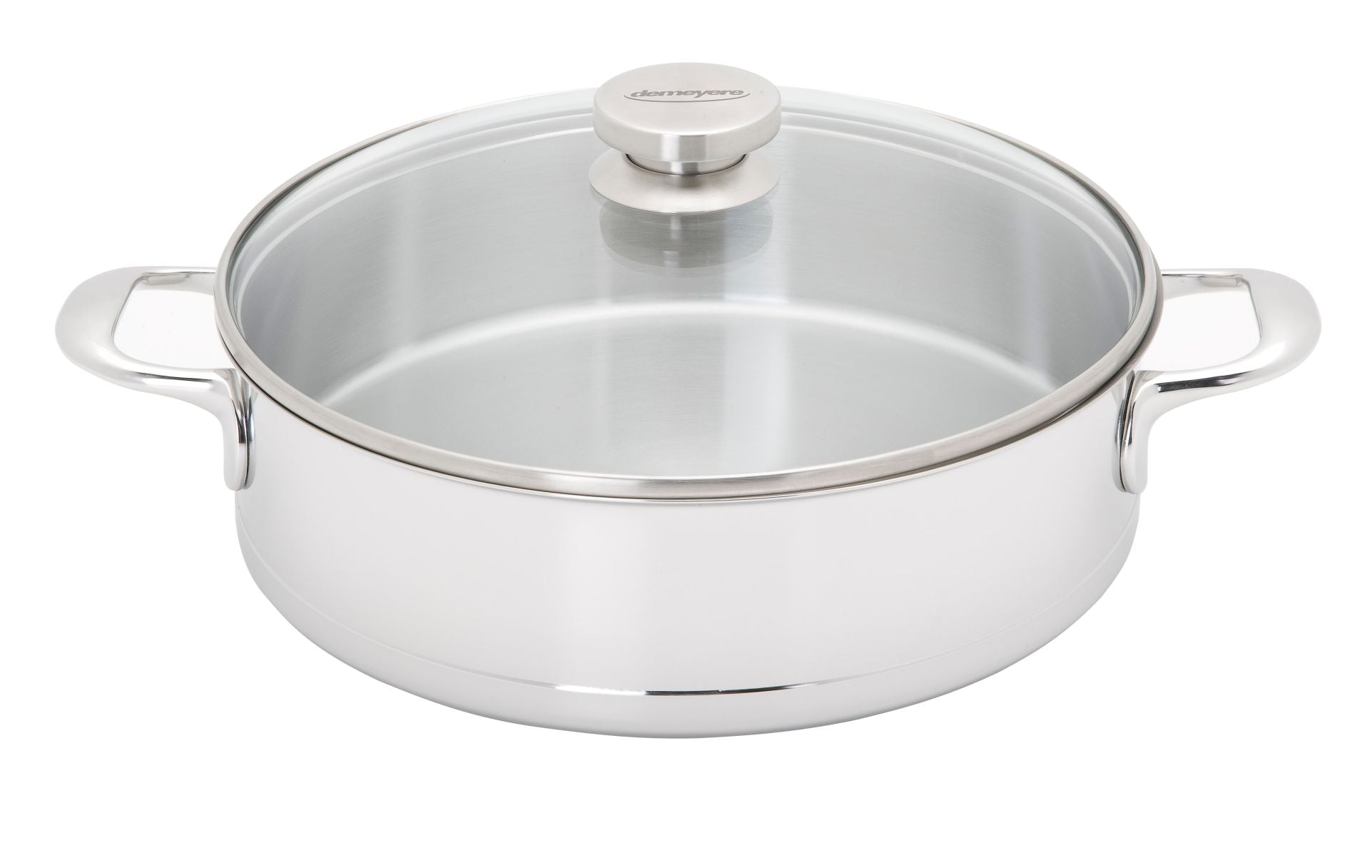 Demeyere Fusion 7 Hapjespan met Glasdeksel 28 cm, gesloten op witte achtergrond