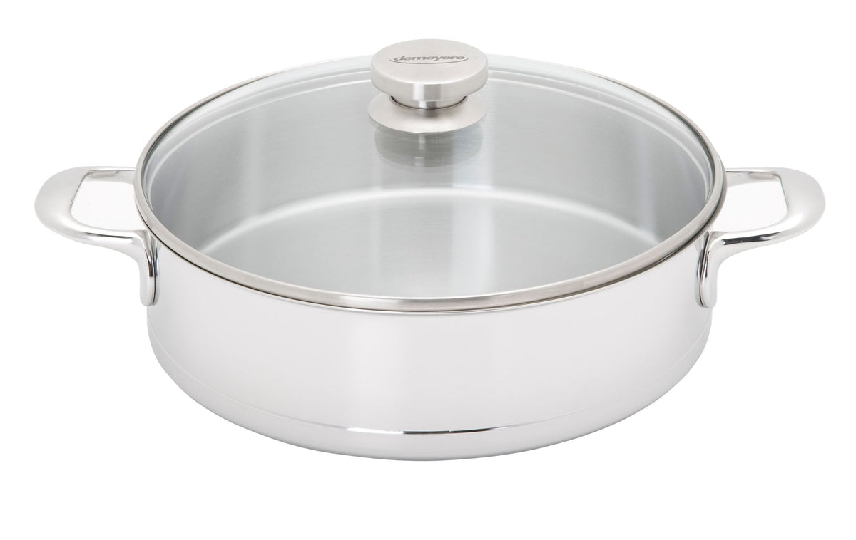 Demeyere Fusion 7 Hapjespan met Glasdeksel 28 cm, gesloten op witte achtergrond