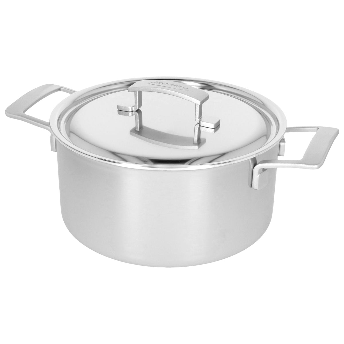 Demeyere Industry 5 Kookpan met deksel, close-up vanuit een hoek