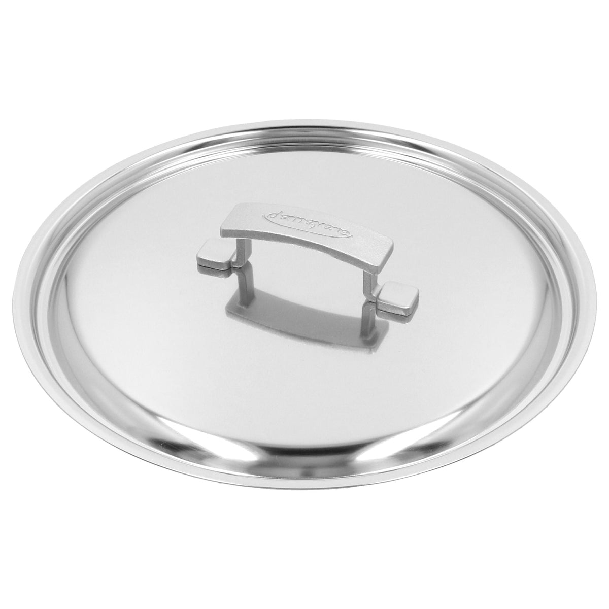 Los deksel van de Demeyere Industry 5 Sauteerpan 28 cm met Demeyere-logo op de knop