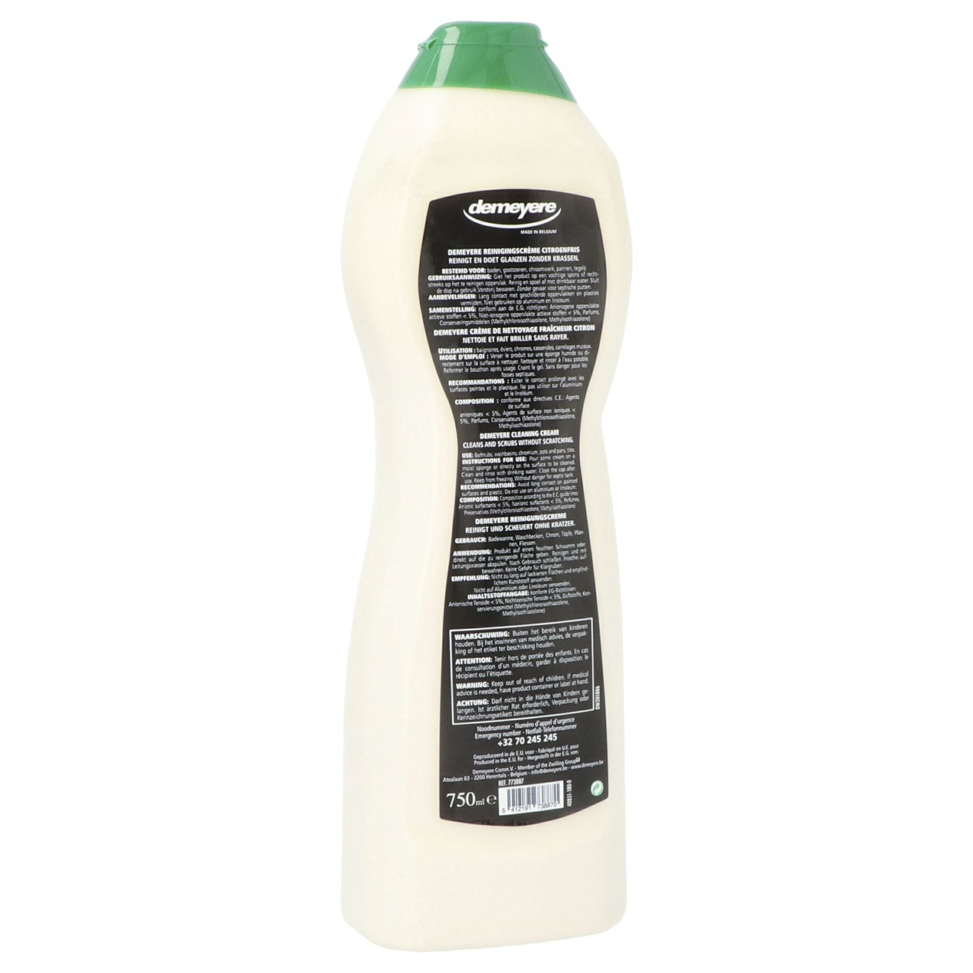 Achterkant van de fles Demeyere Reinigingscrème met de ingrediëntenlijst