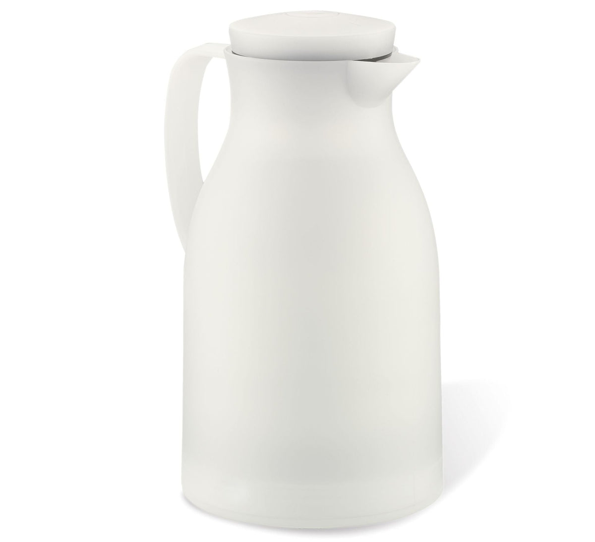 Witte buikige thermoskan met handvat links en tuit rechts, met lichte schaduw rechtsonder op witte achtergrond