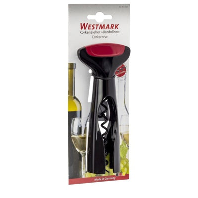 Westmark Bardolino Kurkentrekker, zwart met rode top, op de verpakkingskaart met wijnfles en glas