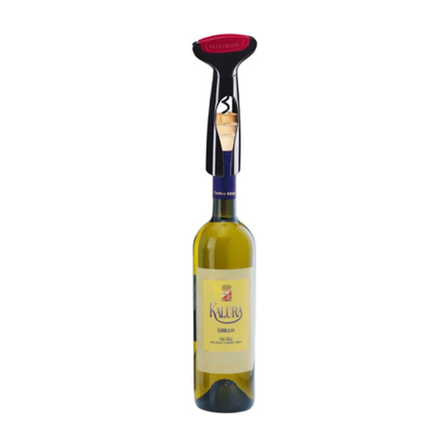 Westmark Bardolino Kurkentrekker, zwart met rode top, in gebruik gestoken in de kurk van een fles witte wijn