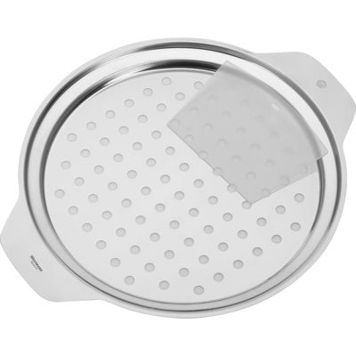 Westmark Spätzledeksel met Schraper, zilver, RVS deksel met ronde perforaties op witte achtergrond