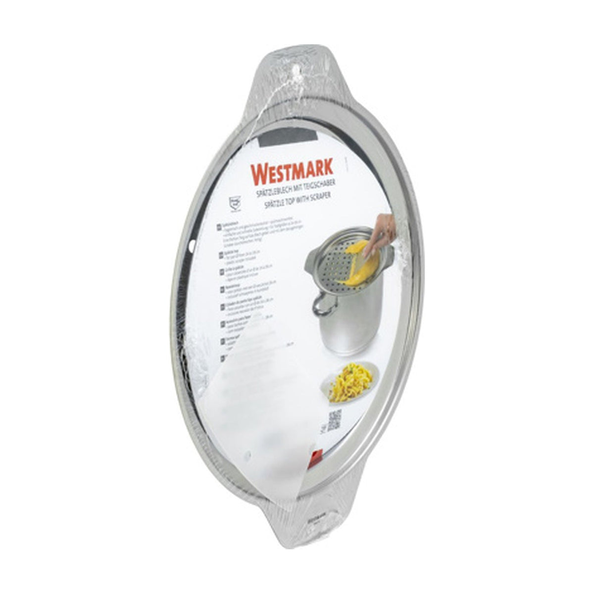 Westmark Spätzledeksel met Schraper, zilver, met productsticker en afbeelding van het gebruik op een pan
