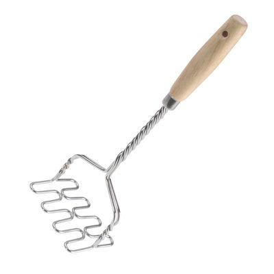 Westmark Woody Aardappelstamper, houten handvat met metalen golfstamper, diagonaal aanzicht
