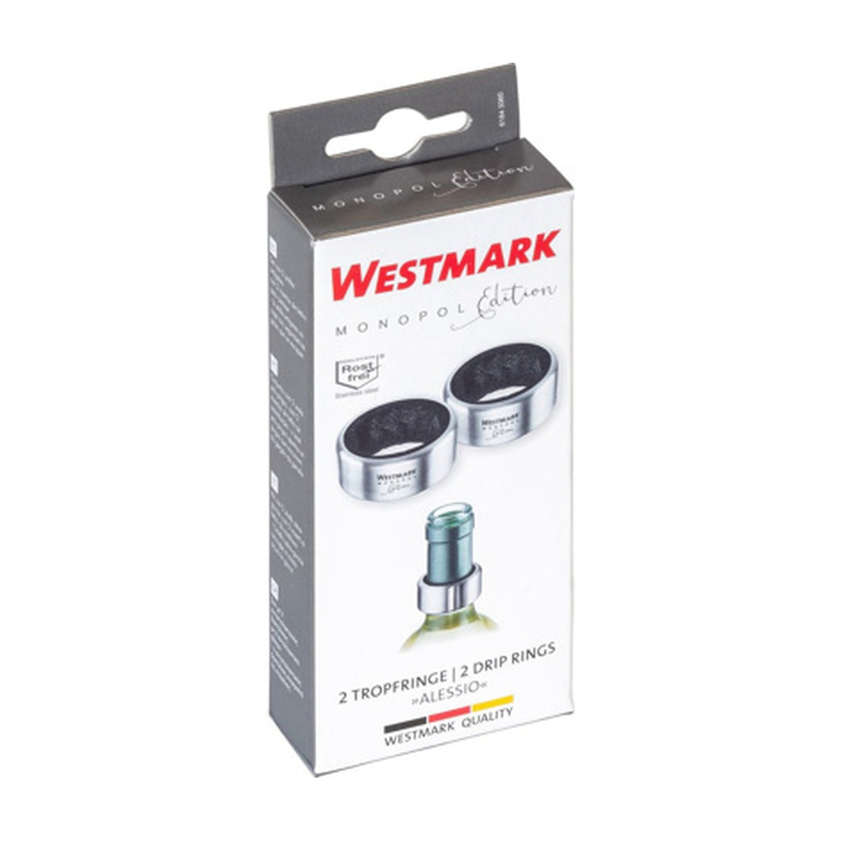 Westmark Druppelvanger - 2 stuks, zilver, verpakkingsdoos 'Monopol Edition 2 Tropfringe Drip Rings Alessio' met de ringen en een fles