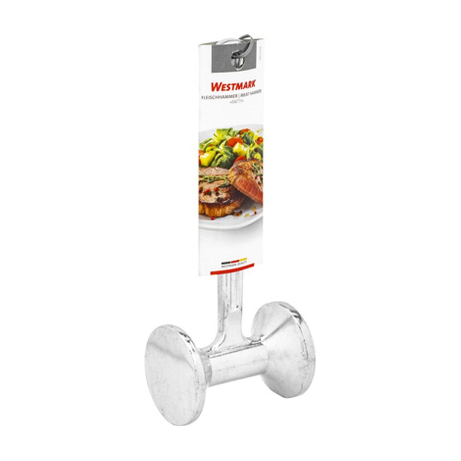 Westmark Fatty Vleeshamer, zilver, aluminium vleeshamer op blisterverpakking met gegrild vlees en salade