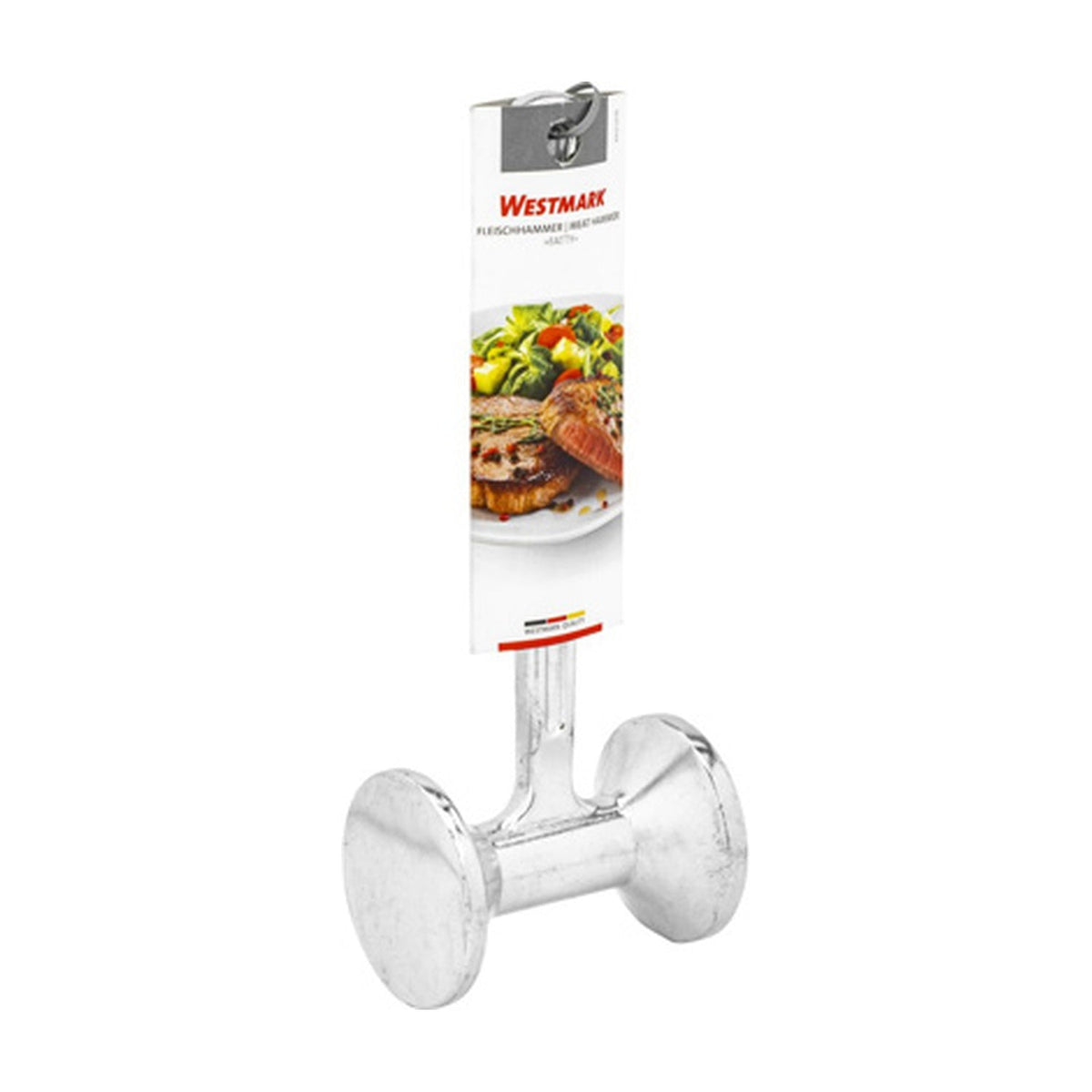 Westmark Fatty Vleeshamer, zilver, aluminium vleeshamer op blisterverpakking met gegrild vlees en salade
