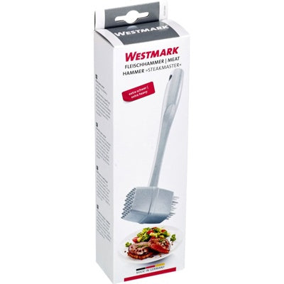 Westmark Steakmaster Vleeshamer, zilverkleurig, op verpakkingsdoos met serveersuggestie