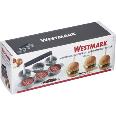 Westmark Trio Hamburgerpers, verpakking op doos met de 3 vormen en zwarte handgreep