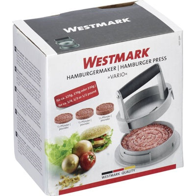 Westmark Vario Hamburgerpers, zilver, gesloten pers met zwarte handgreep en aluminium ring