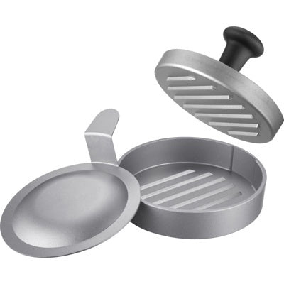 Westmark Uno Plus Hamburgerpers, aluminiumkleurig met zwarte knop, geopende pers met geribbelde bodemplaat op witte achtergrond