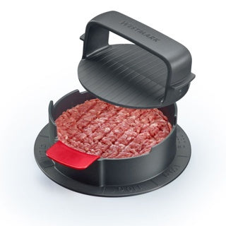 Westmark Vario Plus Hamburgerpers, zwart, geopende pers met een gevormde hamburger van gehakt erin