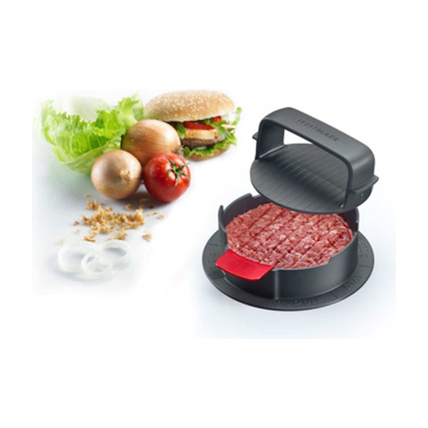 Westmark Vario Plus Hamburgerpers, zwart, geopend met rauwe hamburger naast sla, ui en tomaat