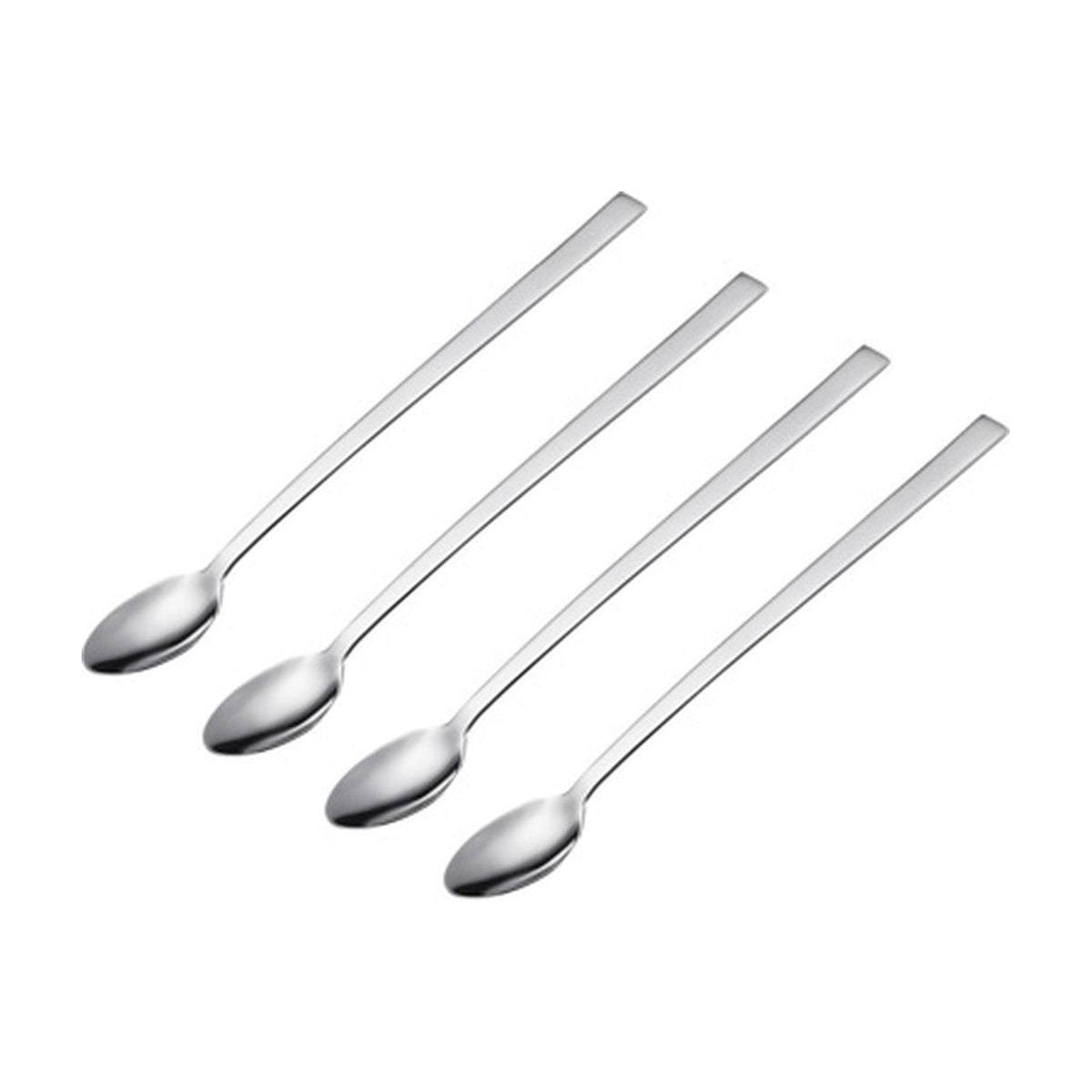 Westmark Latte Macchiato Lepels - 4 stuks, zilver, vier rvs lepeltjes met lange steel naast elkaar