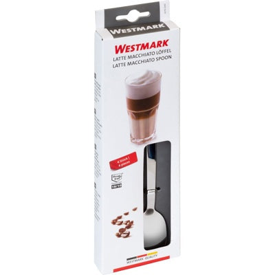 Westmark Latte Macchiato Lepels - 4 stuks, zilver, verpakking in doos met foto van een latte macchiato