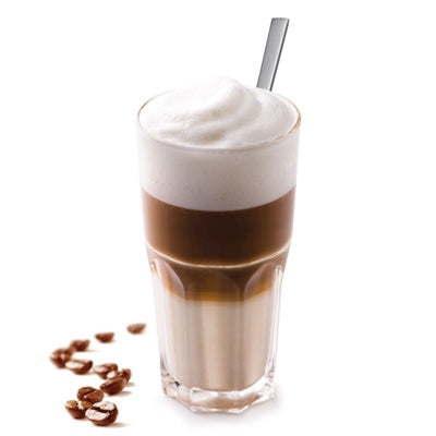 Westmark Latte Macchiato Lepels - 4 stuks, zilver, lepel in een glas latte macchiato met melkschuim en koffiebonen