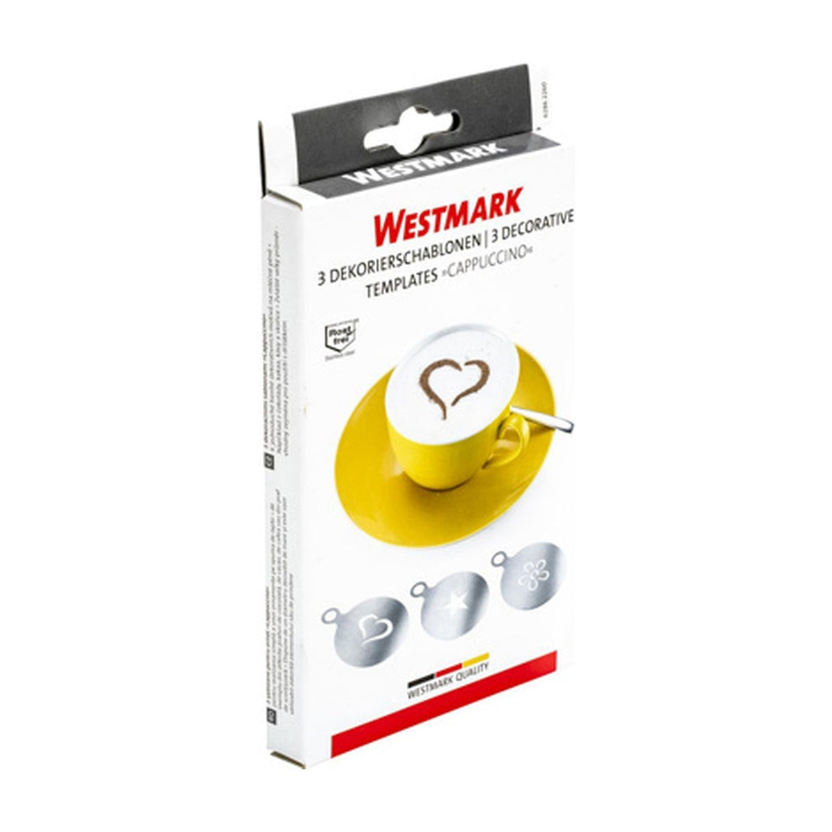 Westmark Cappuccino Sjabloontjes, zilverkleurig, op verpakking met hartdecoratie op cappuccinoschuim
