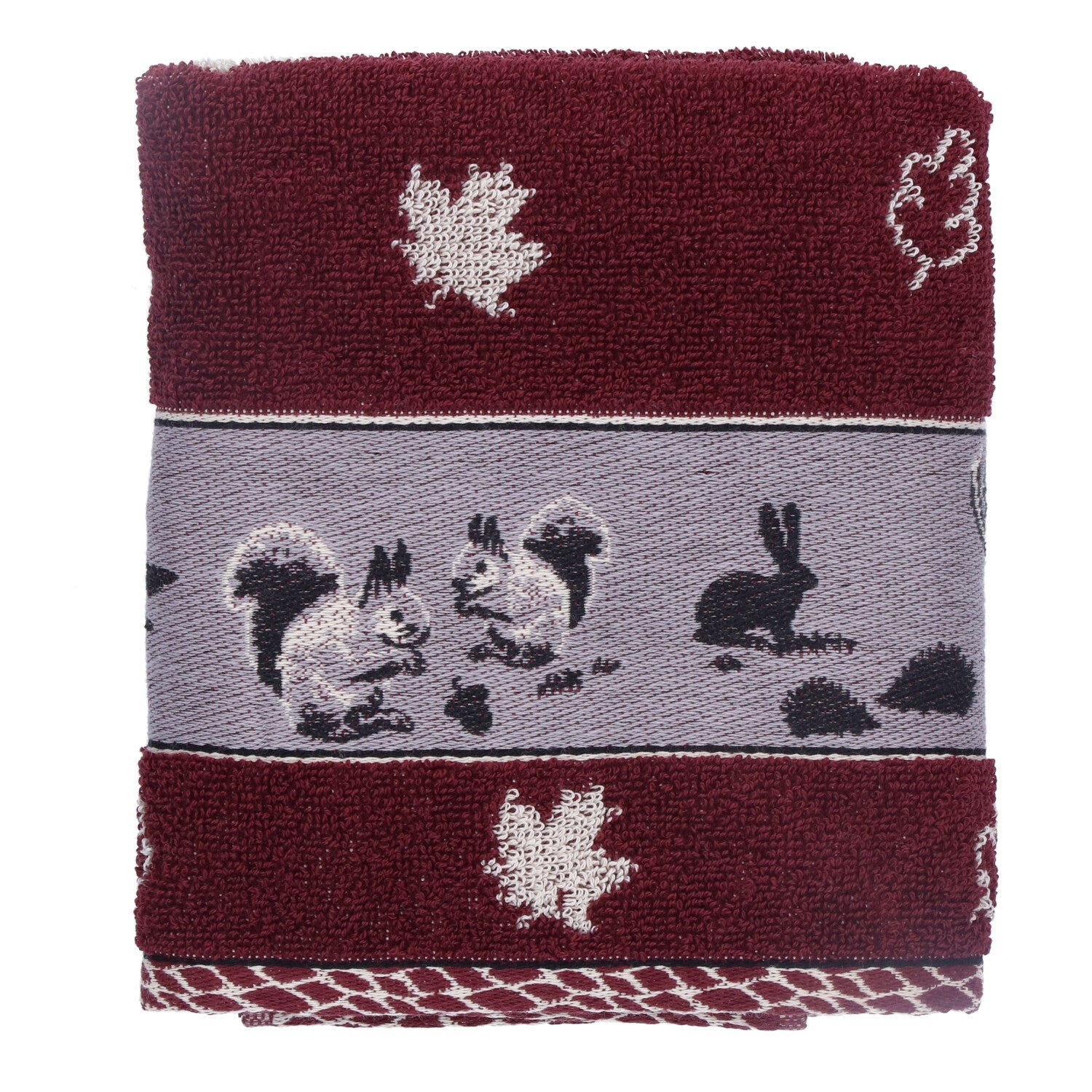 Bunzlau Castle Keukendoek - Forest Animals Bordeauxrood, opgevouwen op witte achtergrond met eekhoorns en konijnen in de middenrand