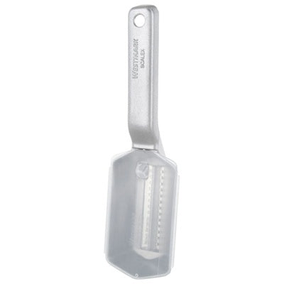 Westmark Visontschubber, zilver, verpakkingsdoos 'Fischentschupper Fish Scaler Scalex' met foto van vis en citroen