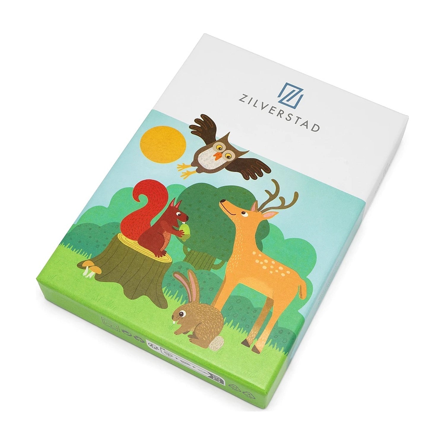 geschenkdoos met een hert tussen de bomen