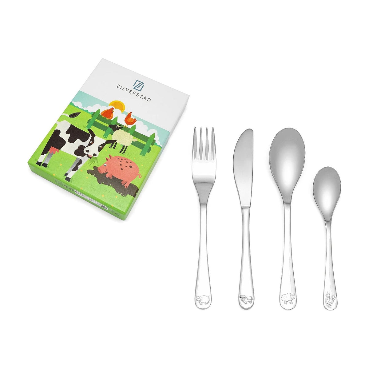 de geschenkdoos met boerderijdieren en het bestek ernaast uitgelegd
