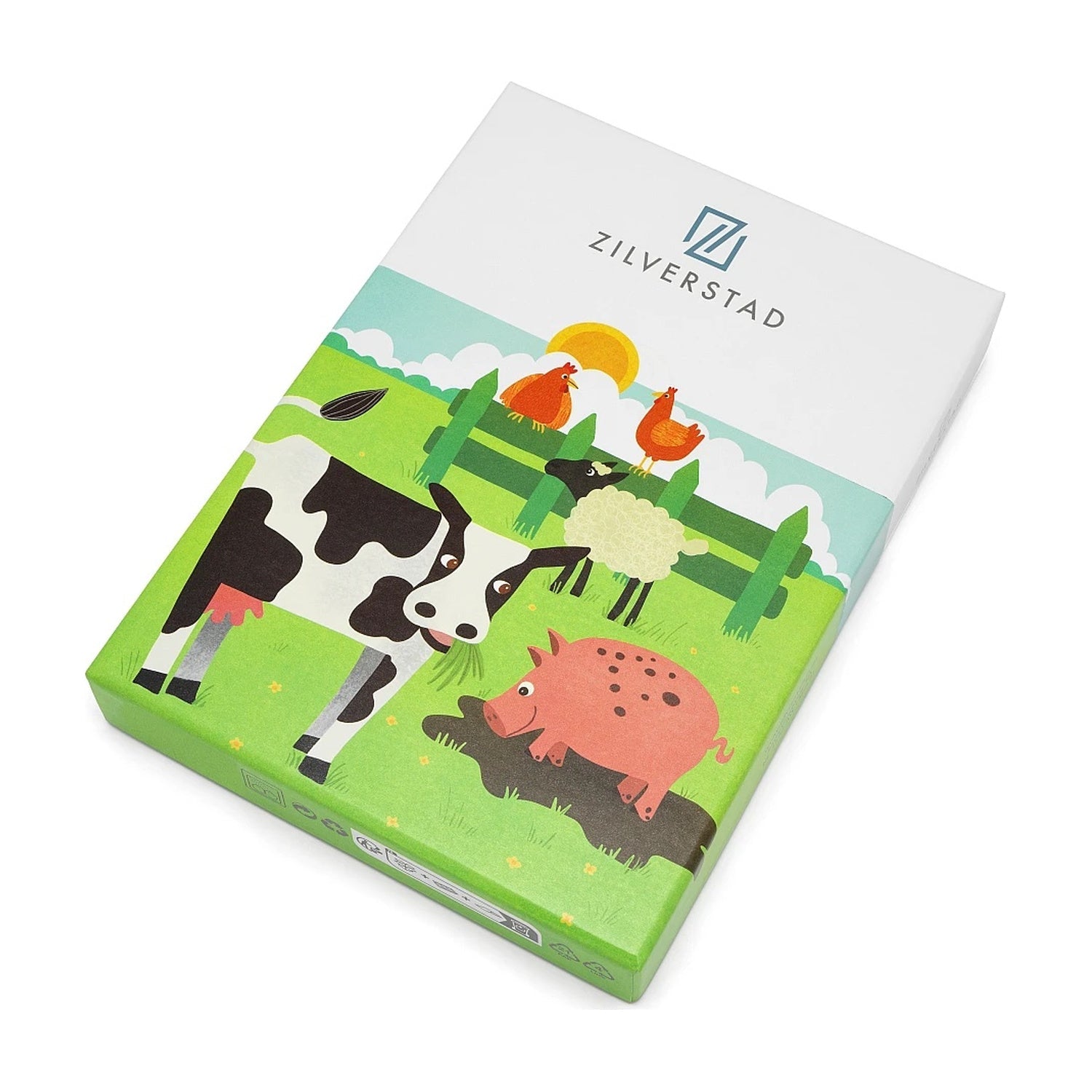 geschenkdoos met een koe en een varken in de wei