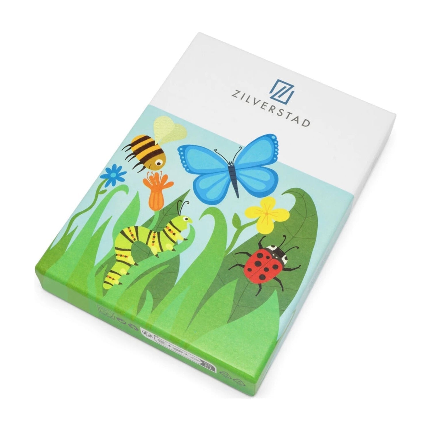 geschenkdoos met een vlinder, lieveheersbeestje en bij tussen de bloemen