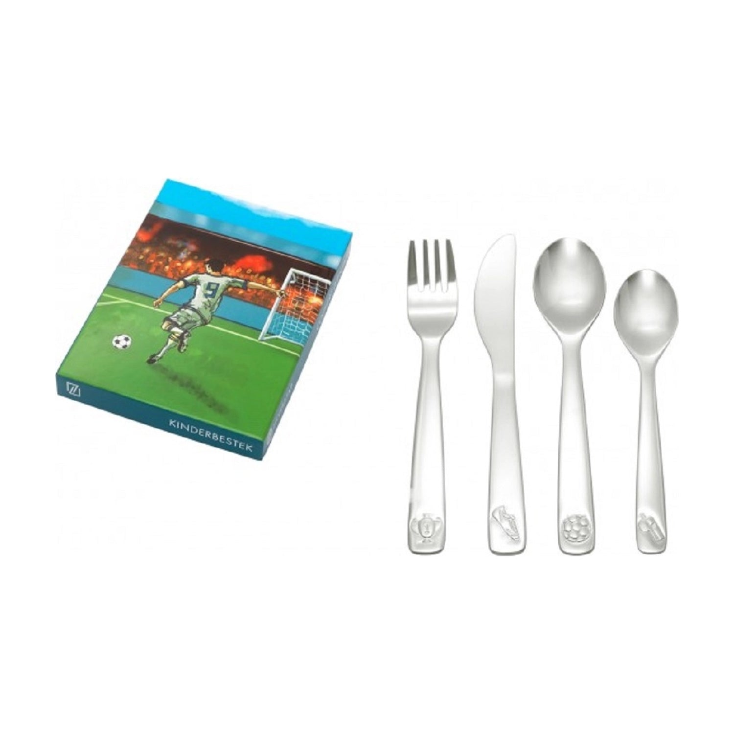 de geschenkdoos met een voetbalveld en het bestek ernaast uitgelegd