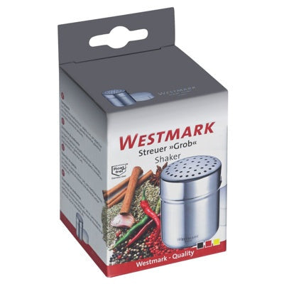 Westmark Grote Strooier, RVS, op de verpakkingsdoos met productfoto en merklogo