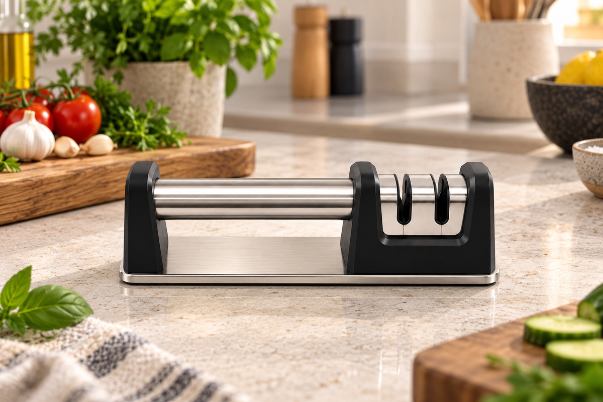 Woerdman Messenslijper 2-staps op een snijplank