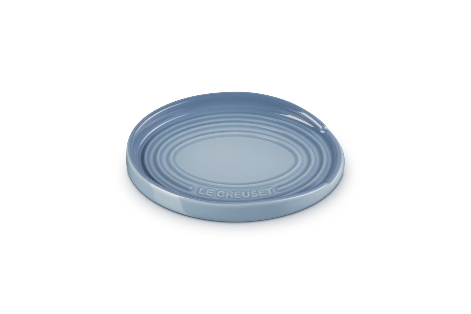 Le Creuset Lepelhouder Ovaal Chambray - 15 cm, bovenaanzicht met het ingeperste Le Creuset-logo op de rand