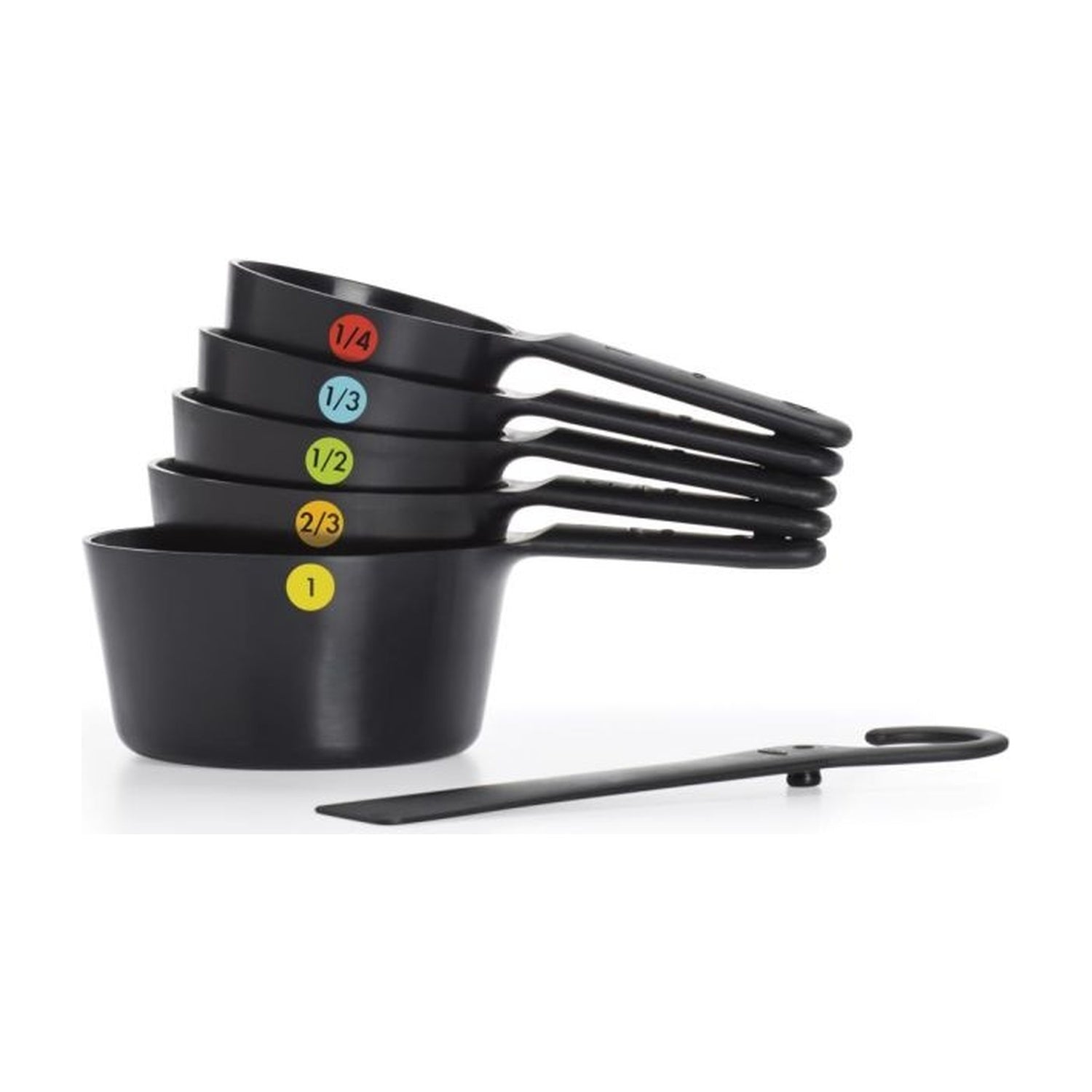 OXO Good Grips Maatschepset op witte achtergrond, 5 bekers in elkaar gestapeld met kleurcodes