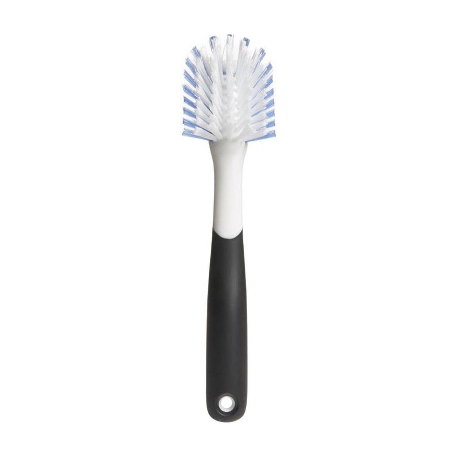 OXO Good Grips Afwasborstel op witte achtergrond, blauwwitte haren met zwarte steel