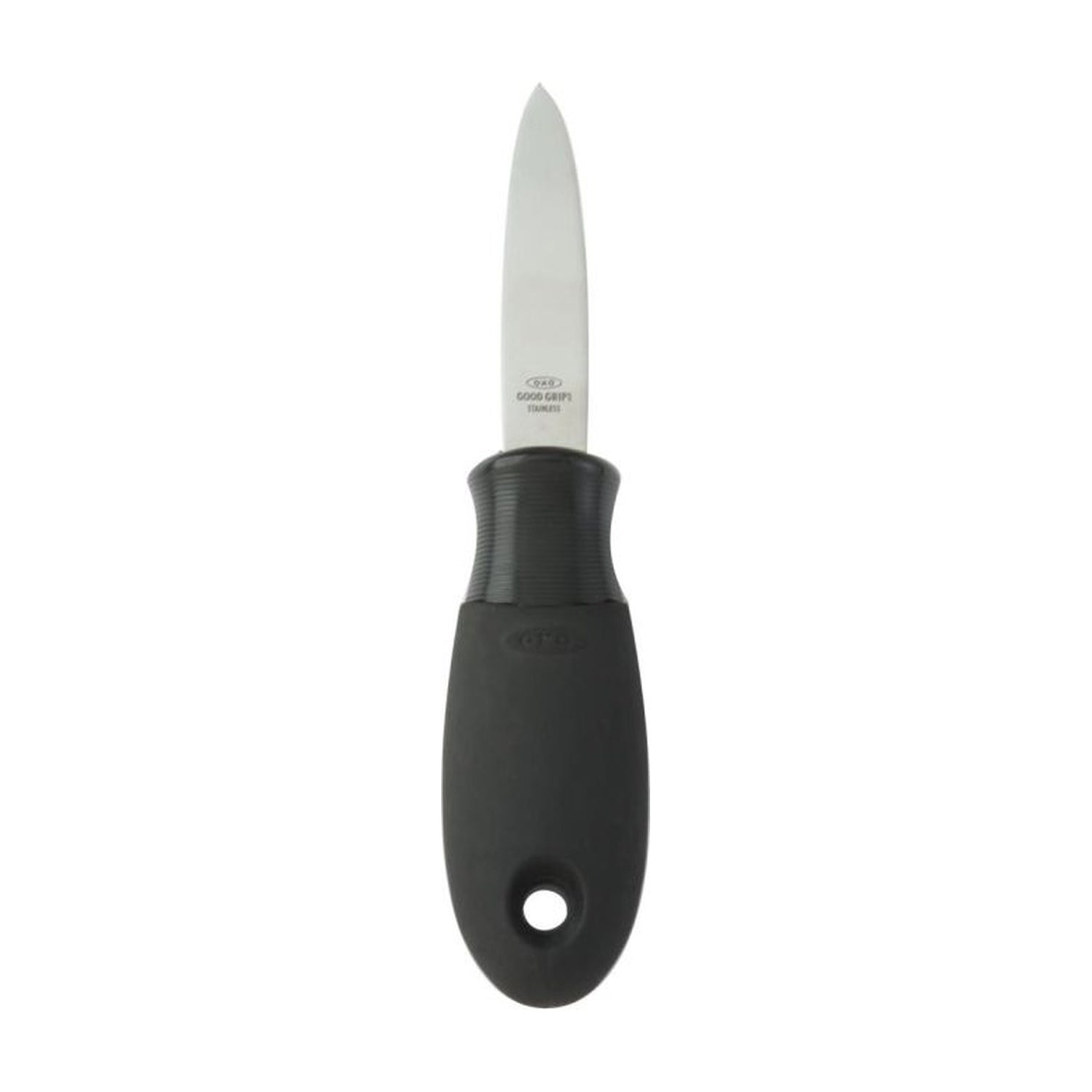 OXO Good Grips Oestermes op witte achtergrond, rechtop met zwart handvat