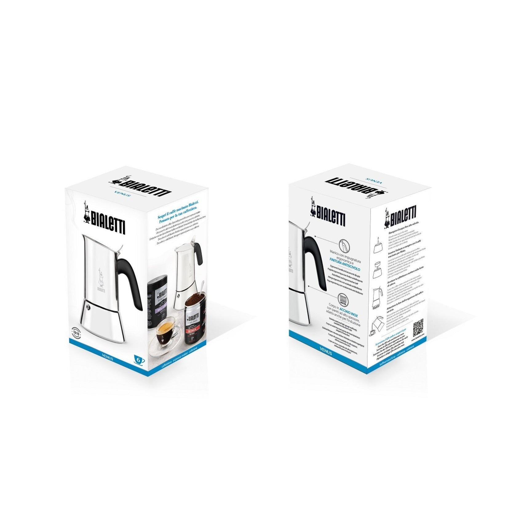 Voor- en achterkant van de Bialetti Venus verpakkingsdoos op een witte achtergrond.