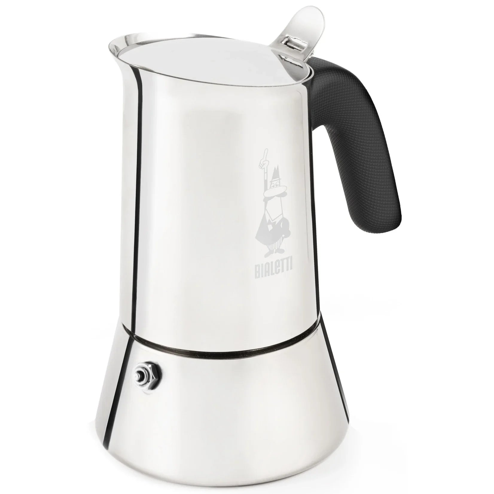Glanzende roestvrijstalen Bialetti Venus percolator met zwarte handgreep op een witte achtergrond.