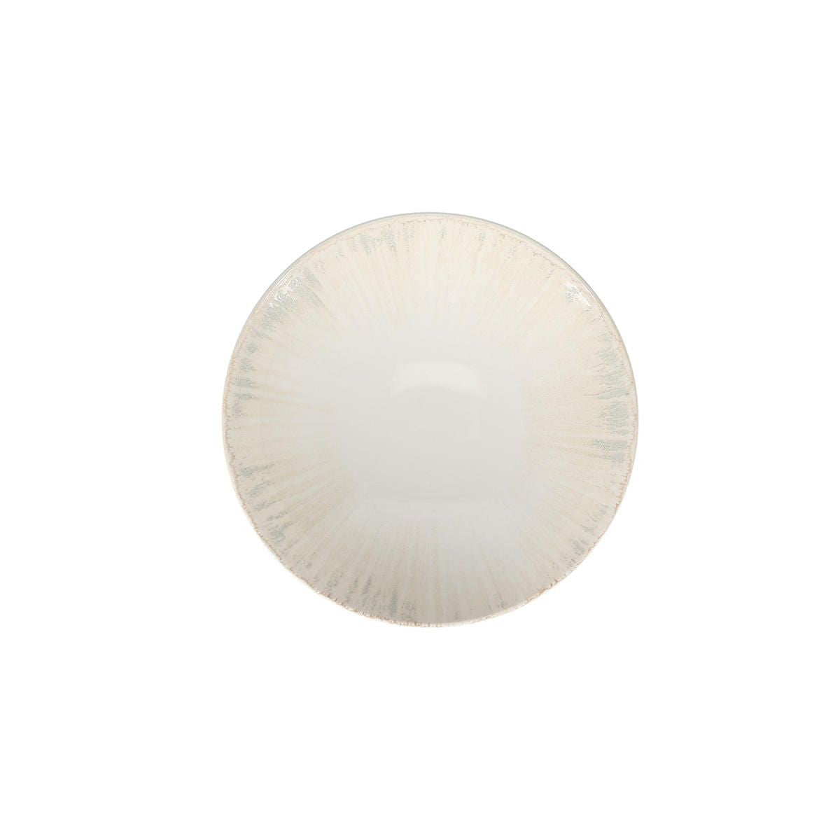 Bovenaanzicht van de ronde kom met grijsbeige streepjes die vanaf de rand naar het midden lopen