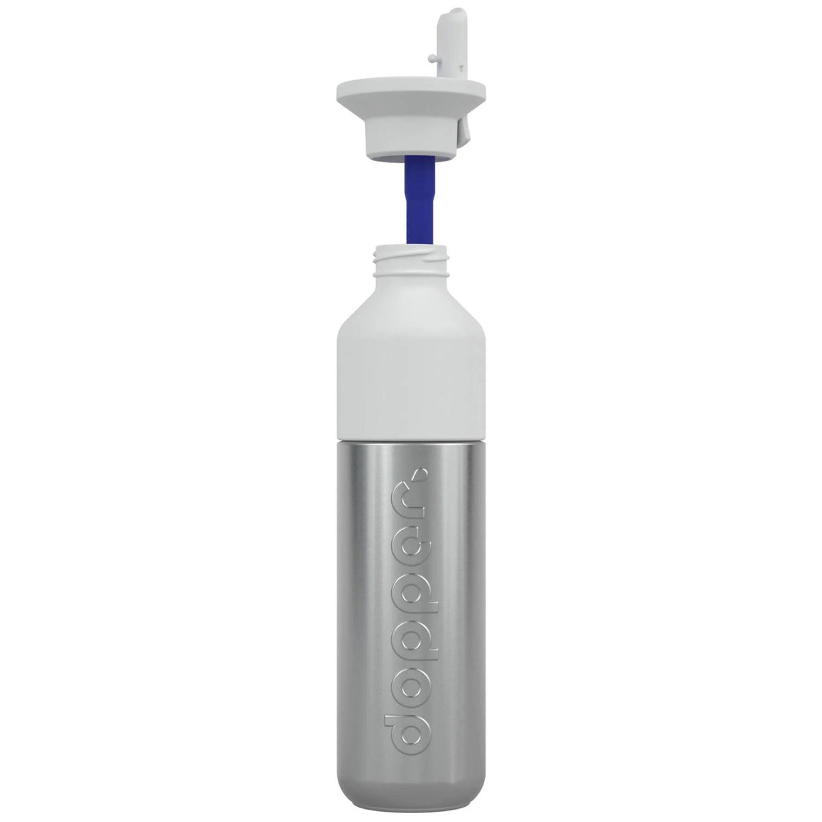 Dopper Steel x Flip Straw met de fles losgekoppeld van de dop en het blauwe rietje zichtbaar