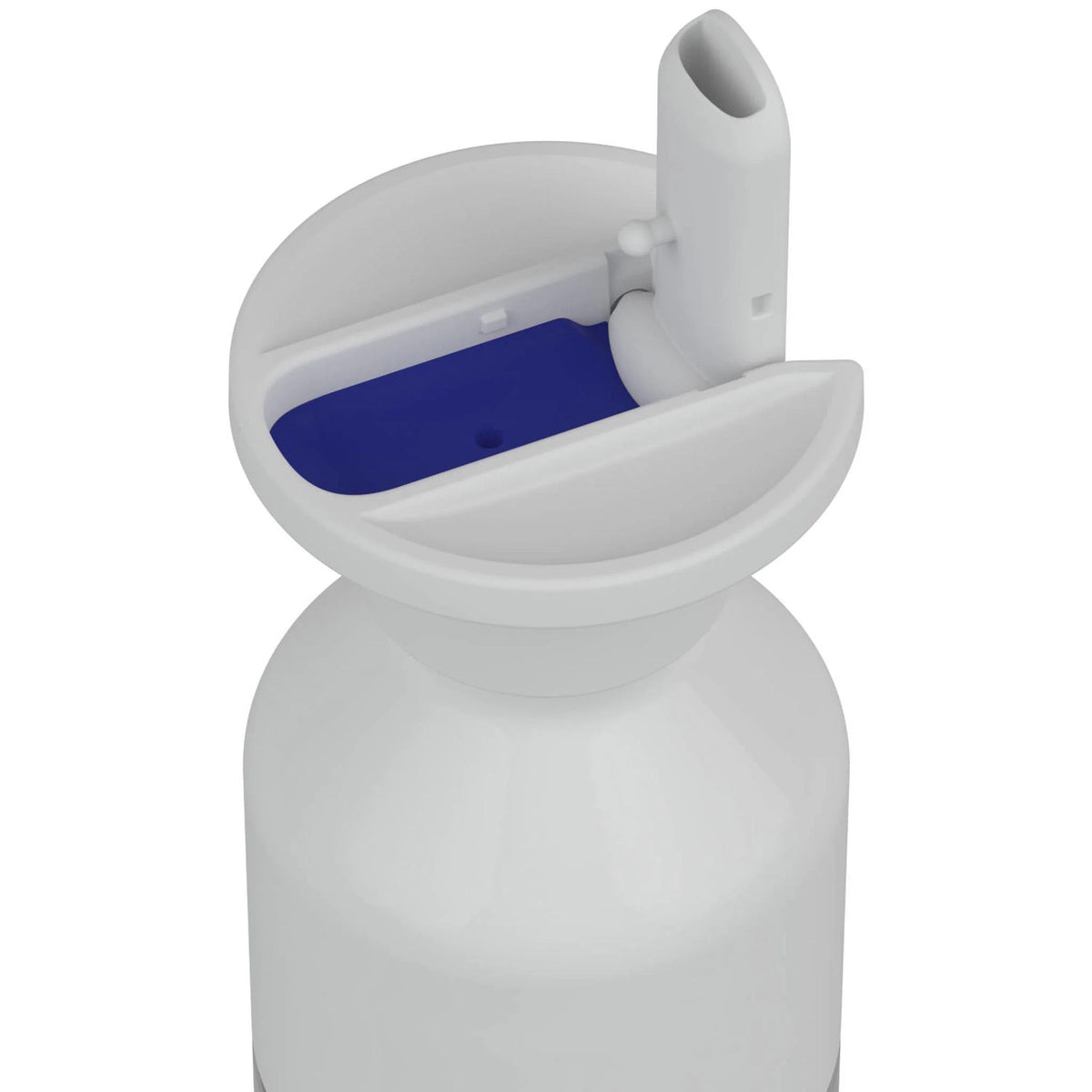 Bovenaanzicht van de geopende flip-cap van de Dopper Steel x Flip Straw met het blauwe mondstuk