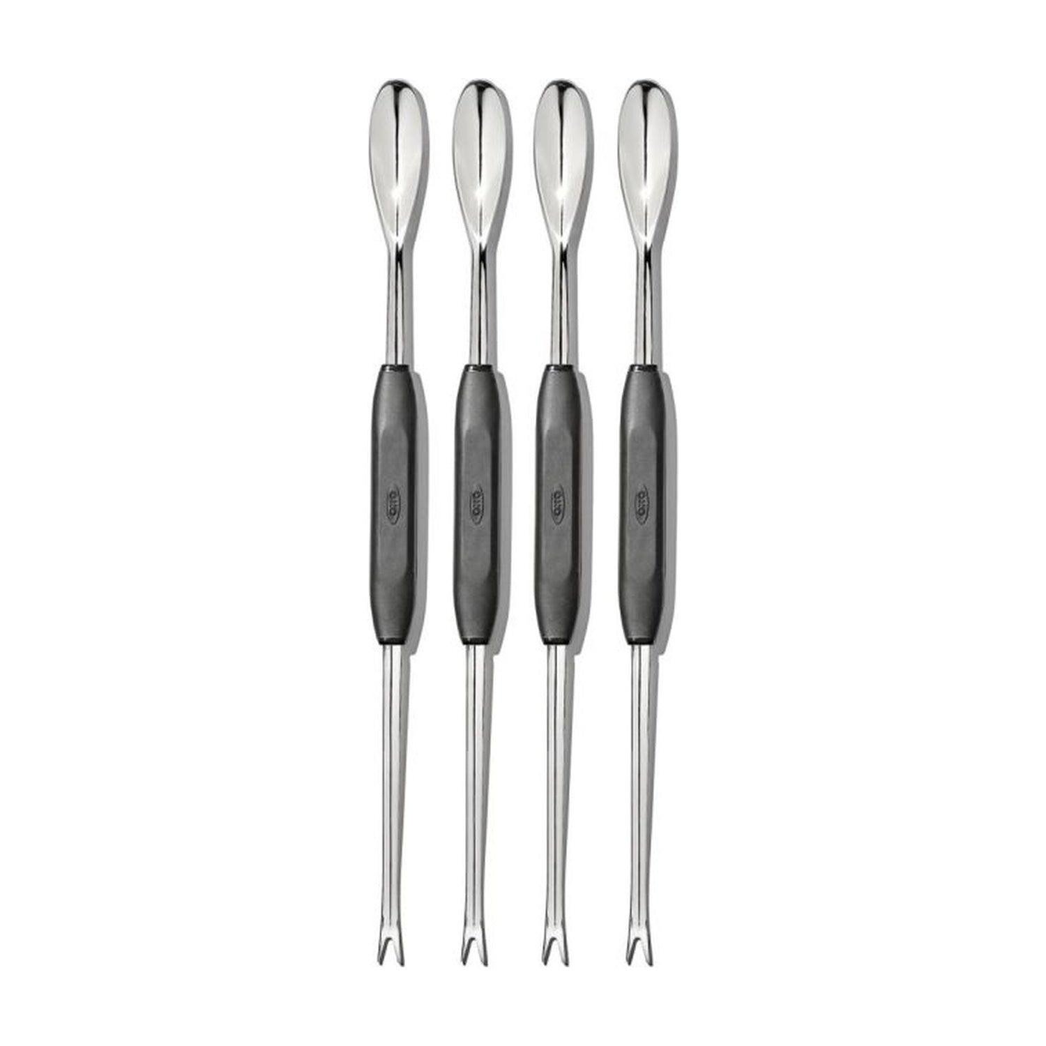 OXO Good Grips Kreeftenvorkenset op witte achtergrond, 4 vorkjes rechtop naast elkaar