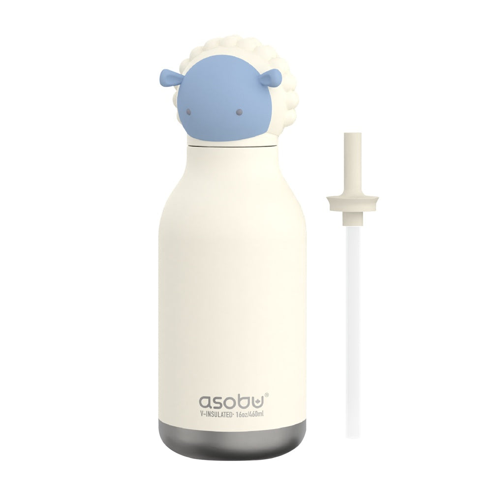 Asobu Bestie Thermosfles Schaap - 470 ml op witte achtergrond, met rietje