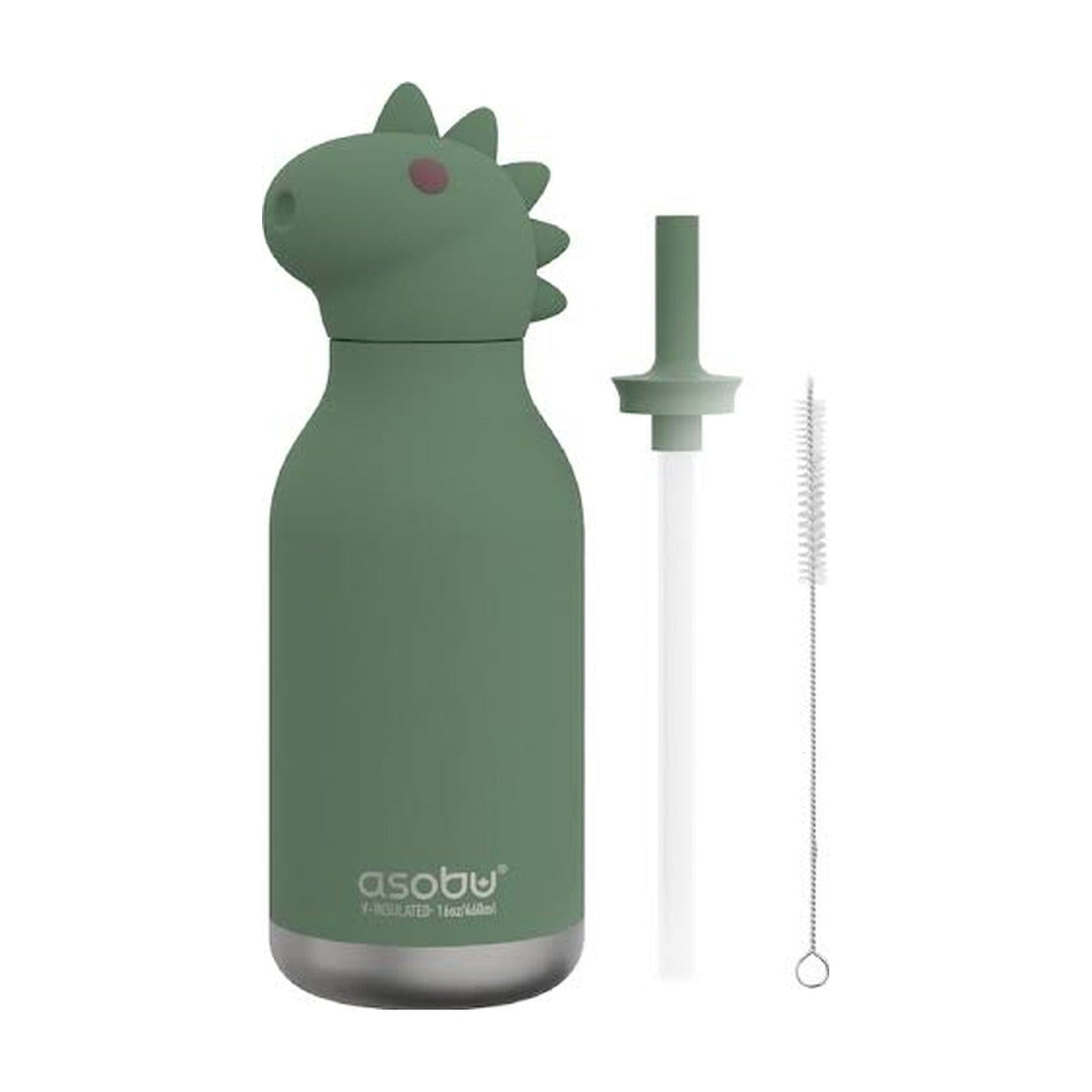 Asobu Bestie Thermosfles Dinosaurus - 470 ml op witte achtergrond, met rietje en reinigingsborsteltje