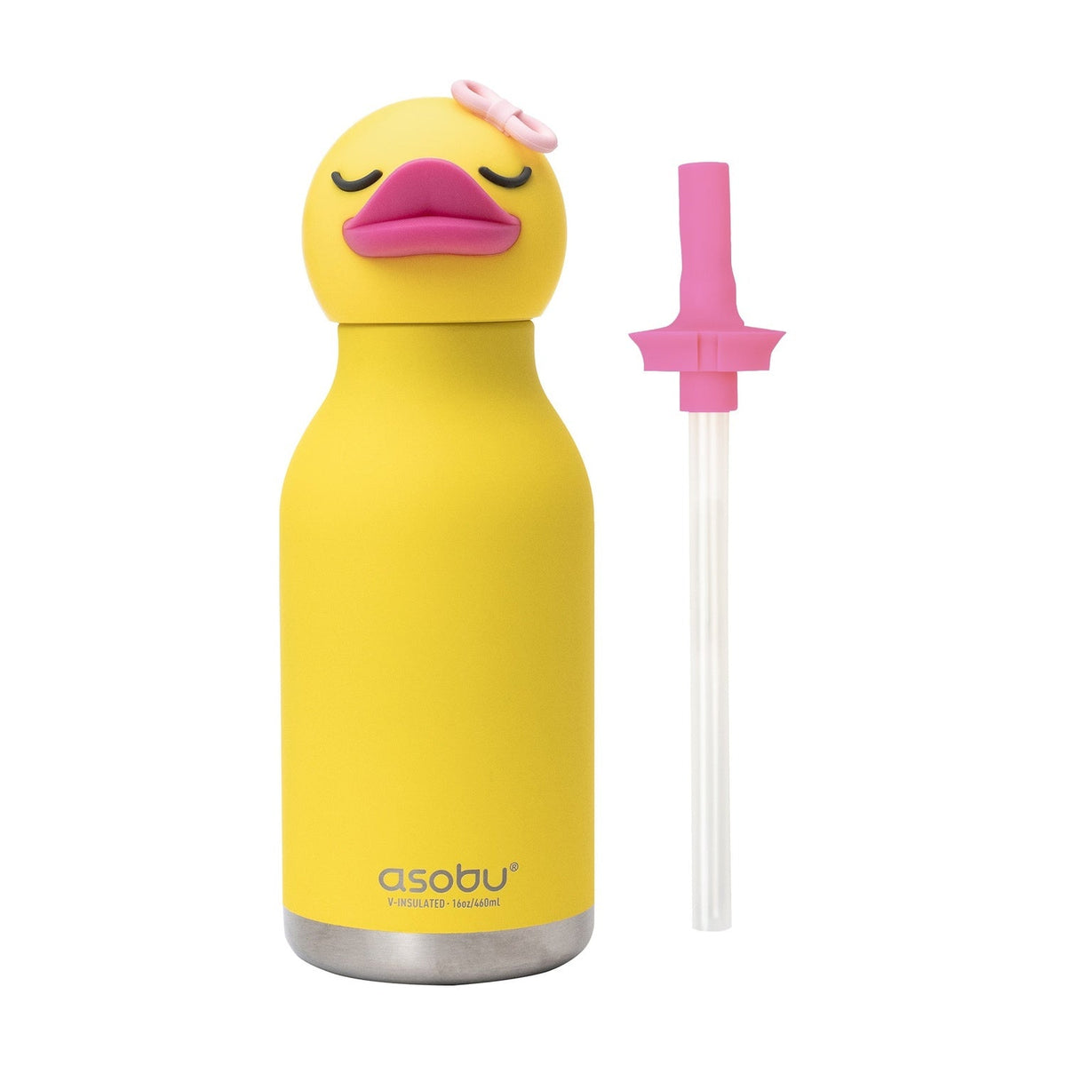 Asobu Bestie Thermosfles Eend - 470 ml op witte achtergrond, met rietje